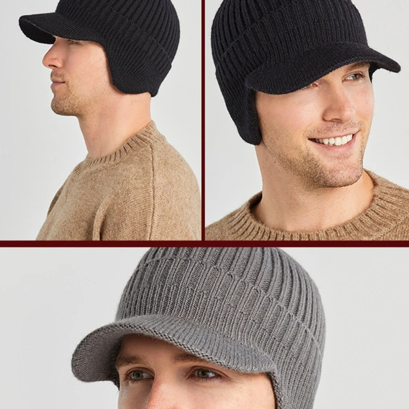 Men Earflap Beanie Hat Knitted Thicken Plush Lined Skull Ear Warmer Dropship