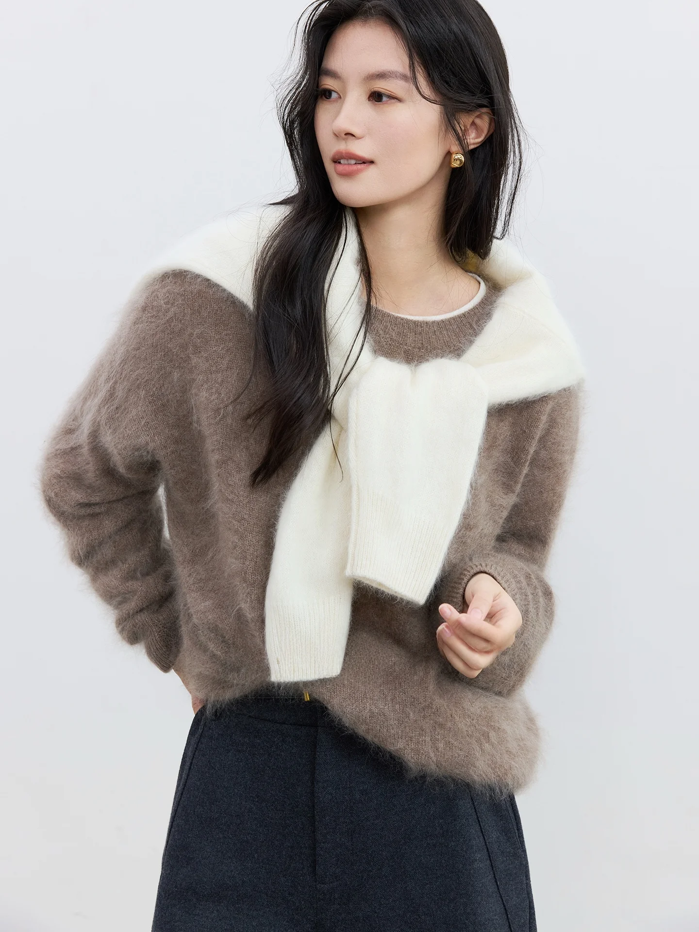 

Fang Xian 00% Wool round Ne Fce Knitwear Women Loose Lazy Sweater Autumn Winter New Sle Comfortable Soft Color Blo