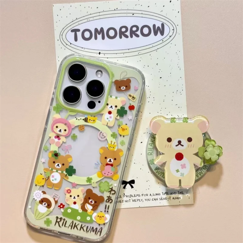 Magnetische Schutzhülle mit bemaltem vierblättrigem Kleeblatt-Bären-Design und drehbarem magnetischem Halter für iPhone 12, 13, 14, 15, 16, 17, 18 Pro Max. – Detail 2