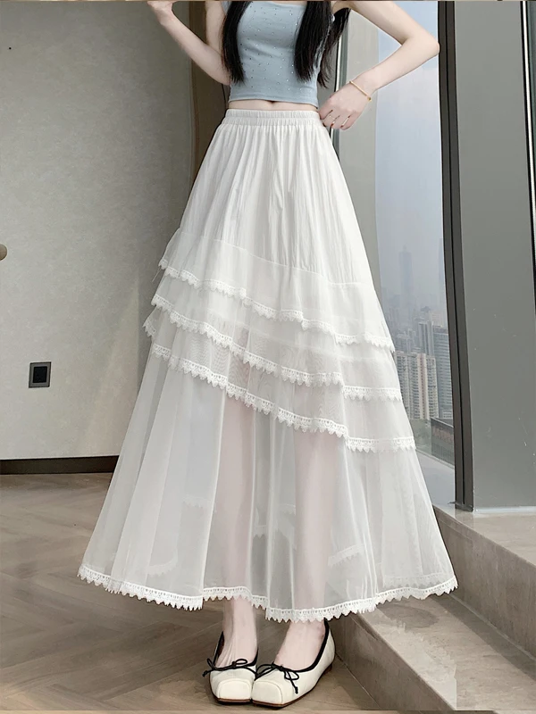 

High Waist A-Line Cake Skirt Irregular Lace Trim Mesh Patchwork Fullness Half-length Women's Summer 2026 Skin-friendly Breath...