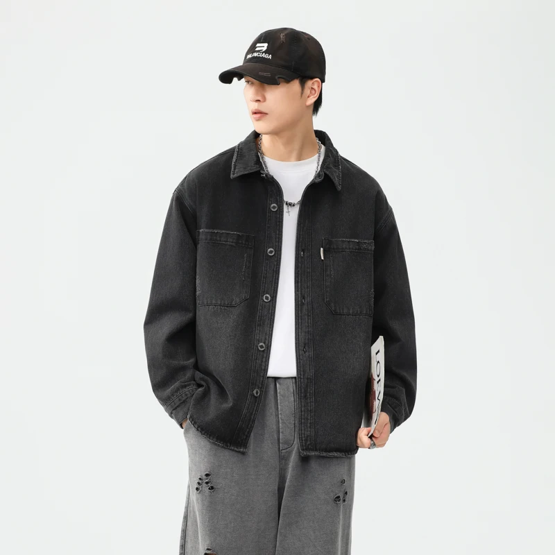 

Мужская джинсовая рубашка в стиле ретро, американского дизайна, с длинным рукавом, свободного кроя, с воротником, из смесового хлопка и полиэстера, осенняя, модная, в рабочем стиле