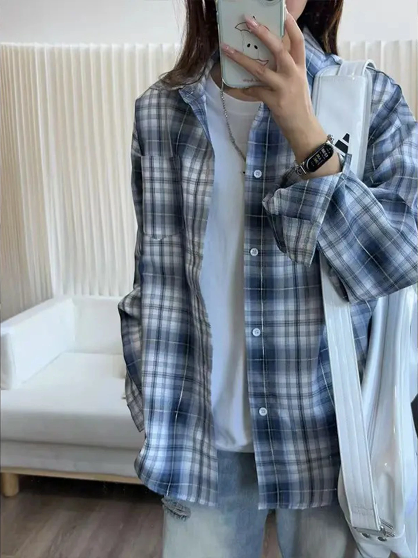 

Сине-белая клетчатая удлиненная куртка унисекс, осенняя, модная, свободного кроя, с декоративной строчкой