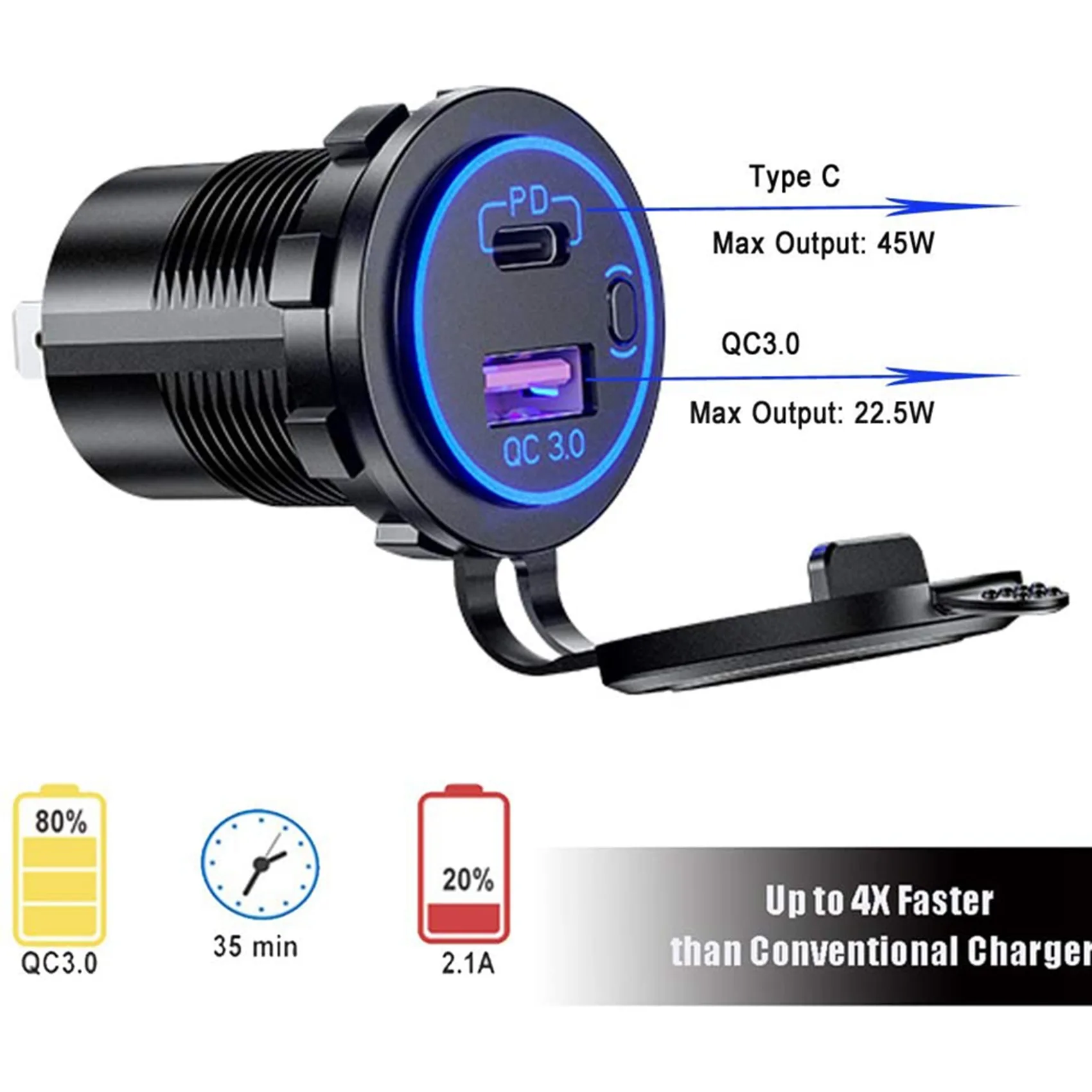 A48P-3X PD Type C USB Car And QC 3.0 Quick 12V Power Outlet Socket With ON/Off Switch For Motorcycle RV,Blue - view 3