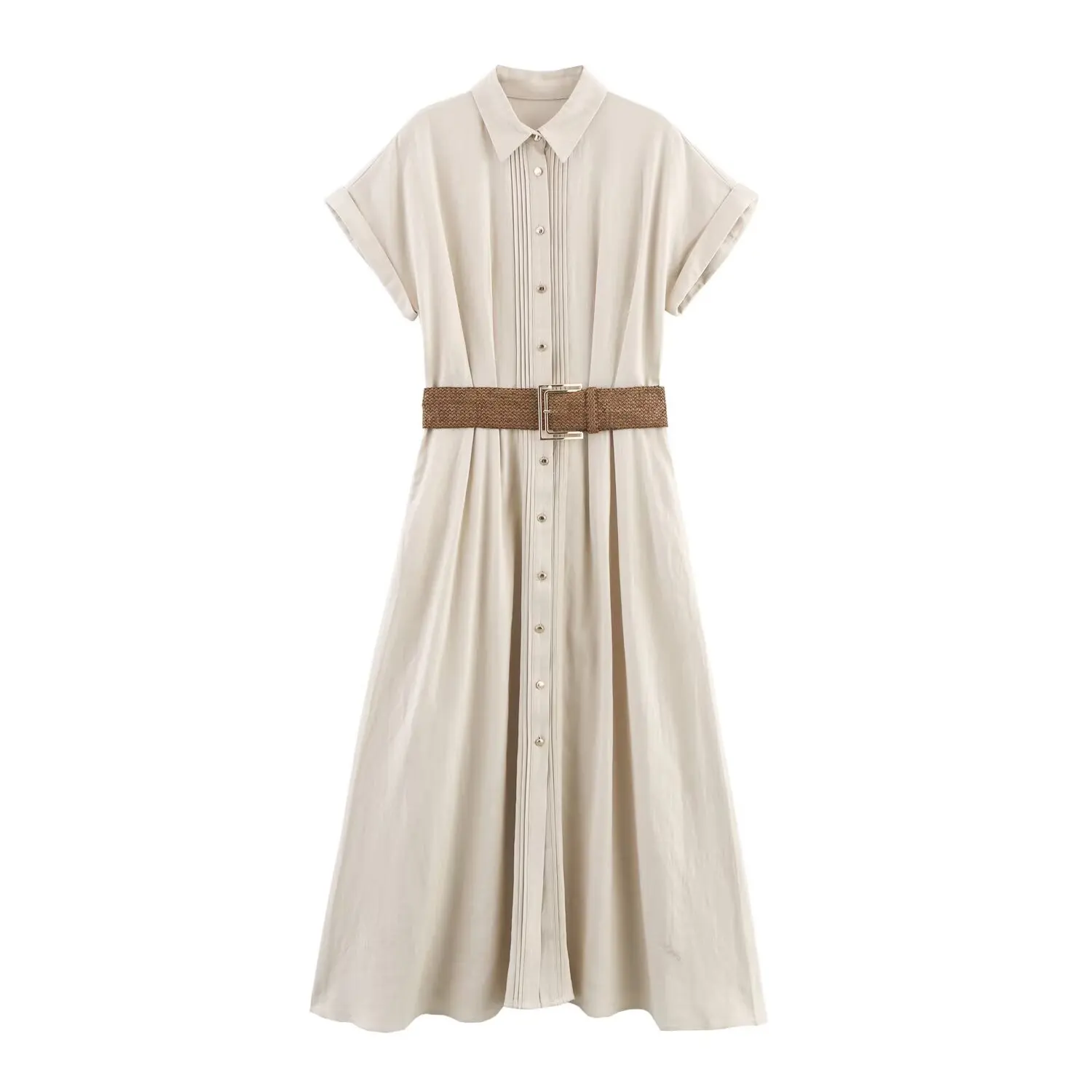 

Fashion Solid Cotton Linen Shirt Dress Women 2025 New Summer Casual Loose With Belt Single Breasted Short Sleeve Long Dresses