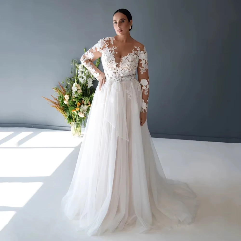 Customized Vestidos De Novia Wedding Dress Plus Size for Bride  Sheer Round Neck Long Sleeves Applique Sweep Train Bridal Gown