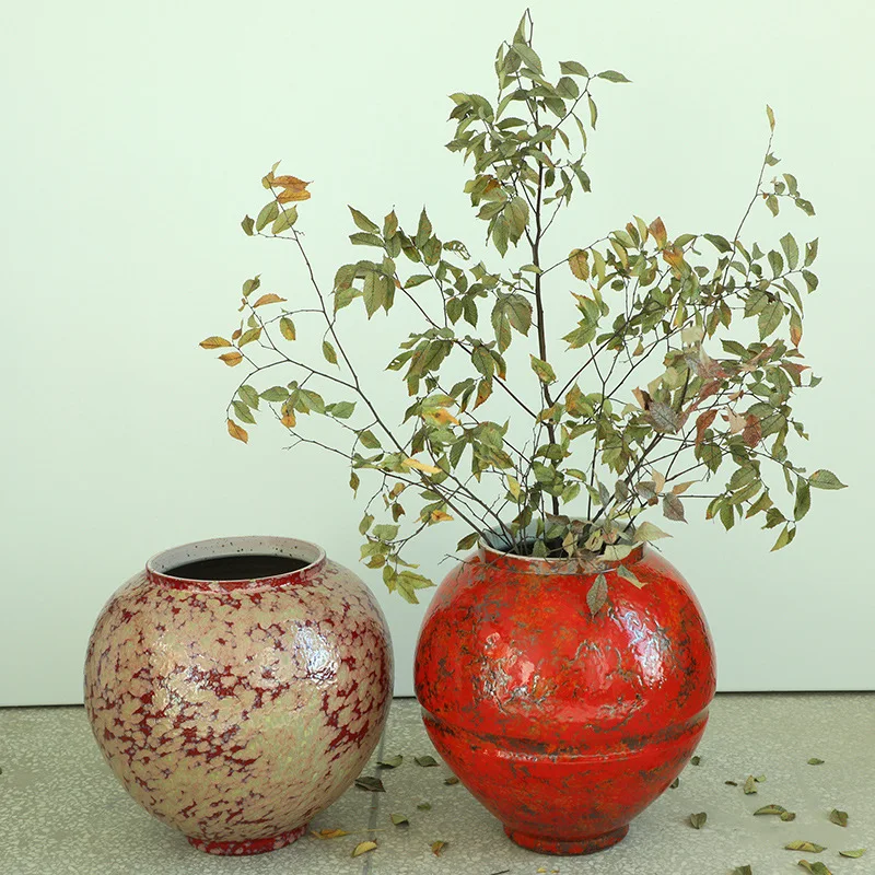 Landscape Garden Decorative Flower Arrangement Pomegranate Red Large Moon Jar Ceramic Floor Vase Oil Painting Jar Homestay
