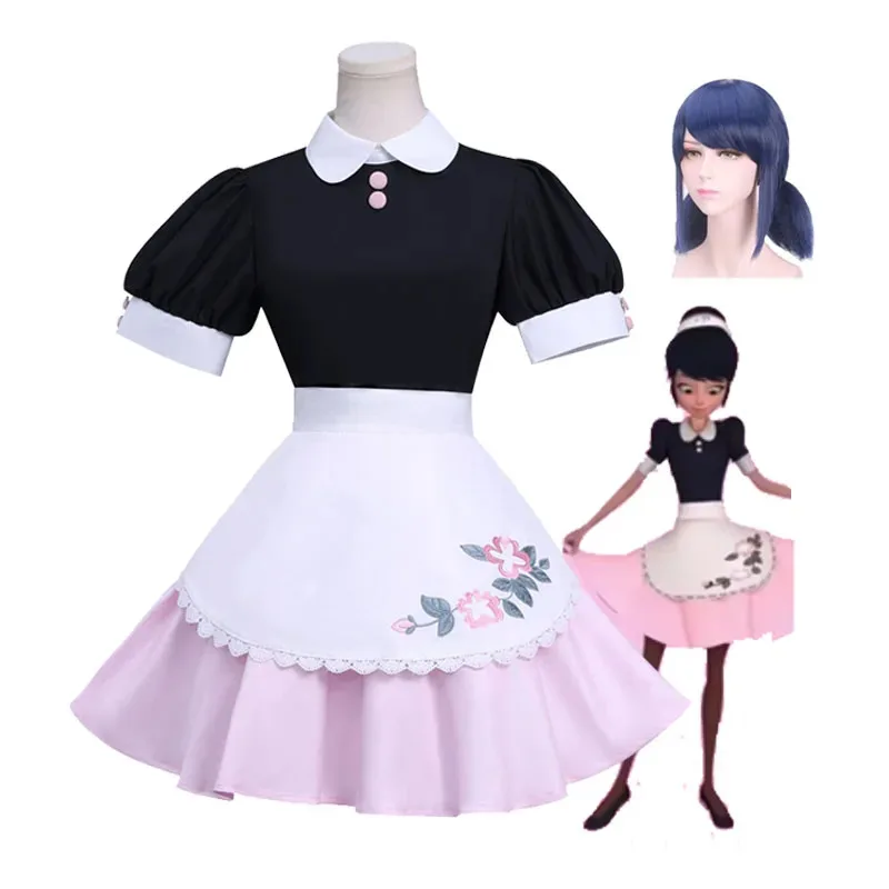 زي تنكري لفيلم ميراكيلوس دوبين-تشنغ، فستان خادمة مارينيت لوليتا، مجموعة كاملة مع باروكة لحفلة الهالوين، بدلة كوميك-كون