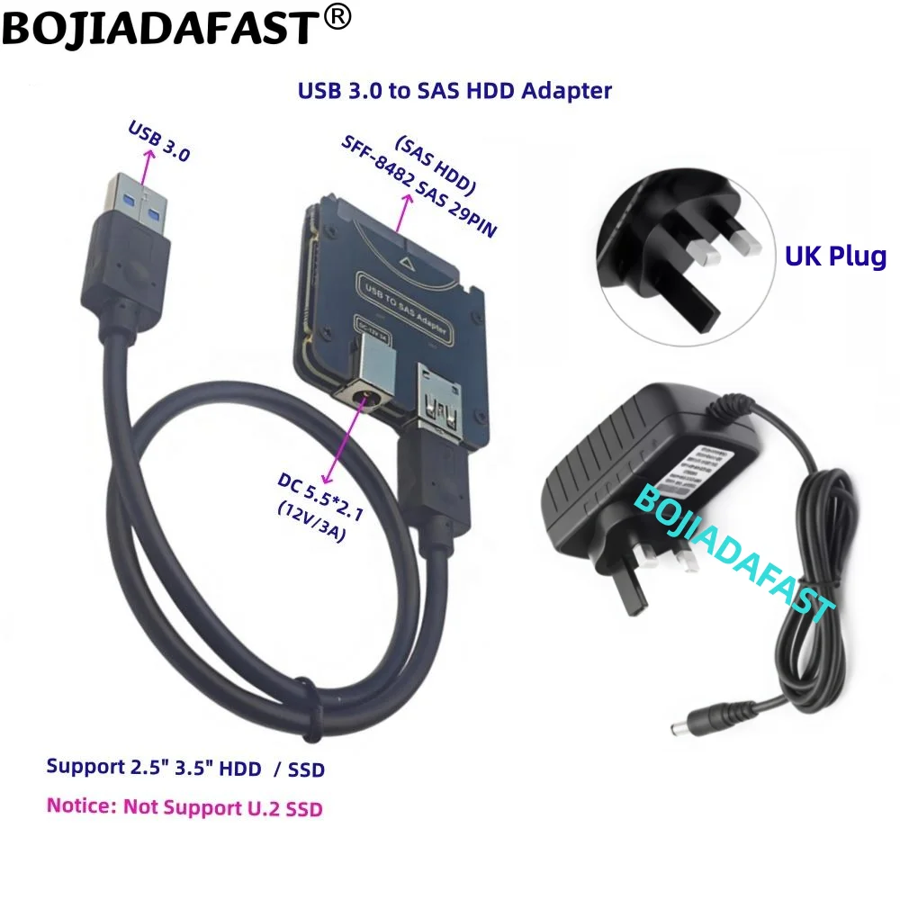 USB 3.0 Type-A Connector to SFF-8482 SAS 29Pin HDD Adapter Card With 12V/3A DC Power Adapter For 2.5" 3.5" Hard Disk Drive