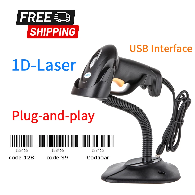 Top selling Handheld Wired Barcode Scanner with stand Free Shipping Wired USB 1DLaser Bar Code Reader Automatic Sensing Scanning