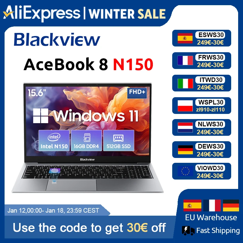 Blackview AceBook 8 Ordinateur portable 15,6" processeur Intel N150 16 Go de RAM 512 Go SSD + extension jusqu'à 1 To Windows 11 Home 15,6"