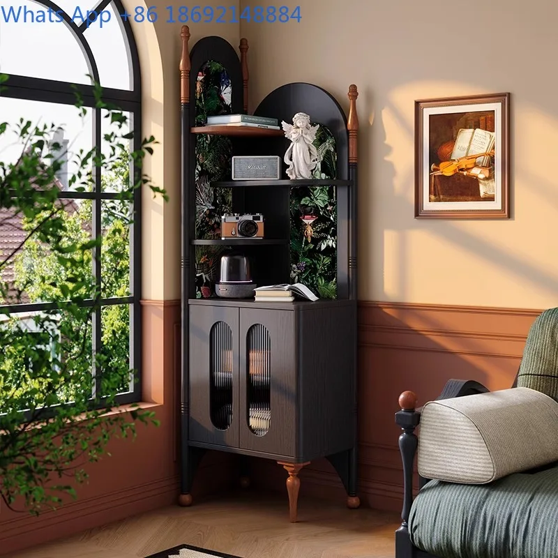 French Vintage Corner Cabinet for Small Living Room Multi Tier Storage Shelf in Retro Style