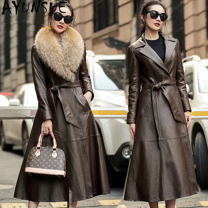 AYUNSUE Sheepskin Genuine Leather Jacket Women Warm 90% Down Coat Womens Coats Long Style Winter Clothes Raccoon Fur Collar 2025