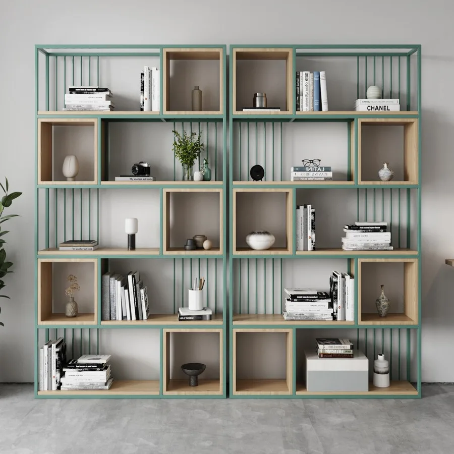 #Office partition shelf Solid wood bookshelf Multi-layer floor display bookcase Living room wrought iron storage rack