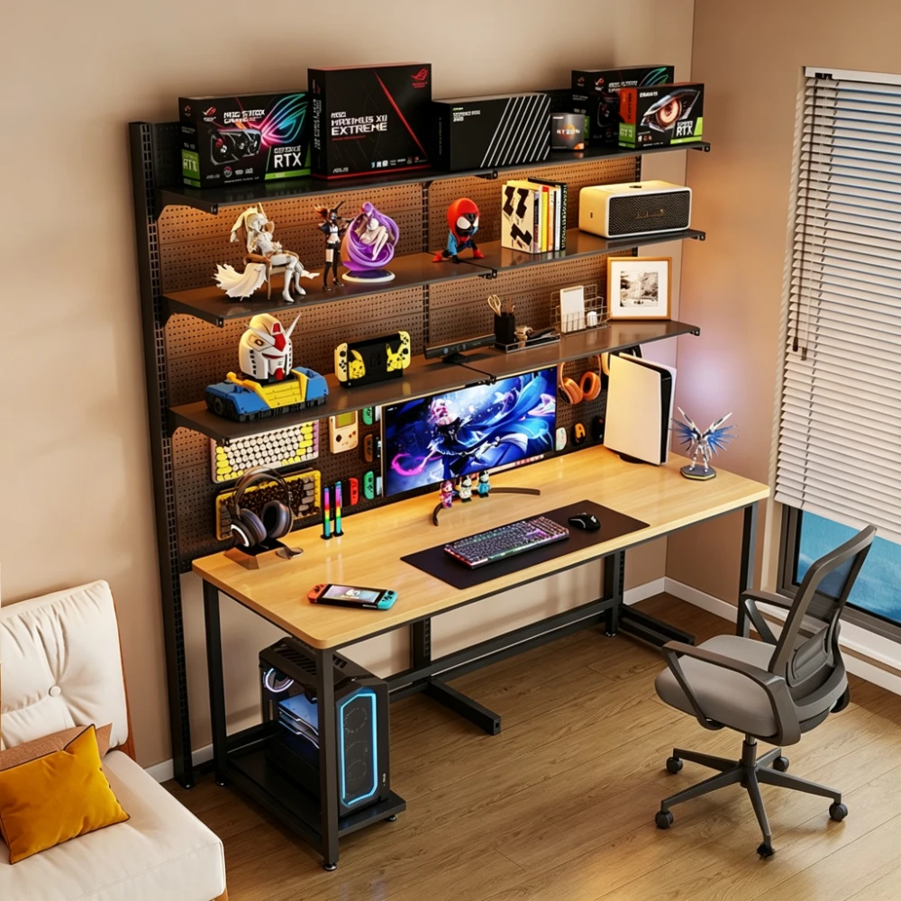 Desktop Organizer Stand with Pegboard Iron Bookshelf for Home Office Multi-Tier Storage Rack for Monitor & Accessories