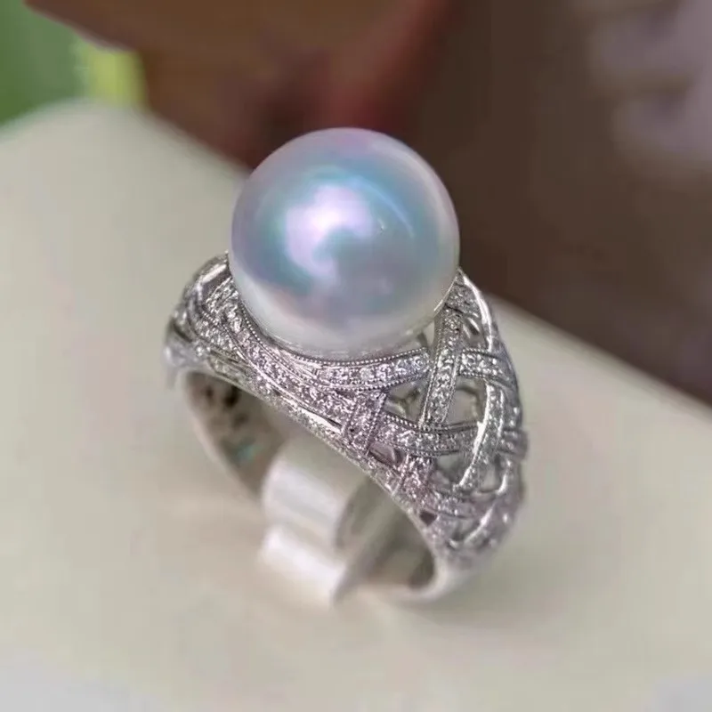 Gorgeous HUGE AAAA 12-13 mm South Sea White Round Pearl Ring Versatile Women's Ring 925 Silver