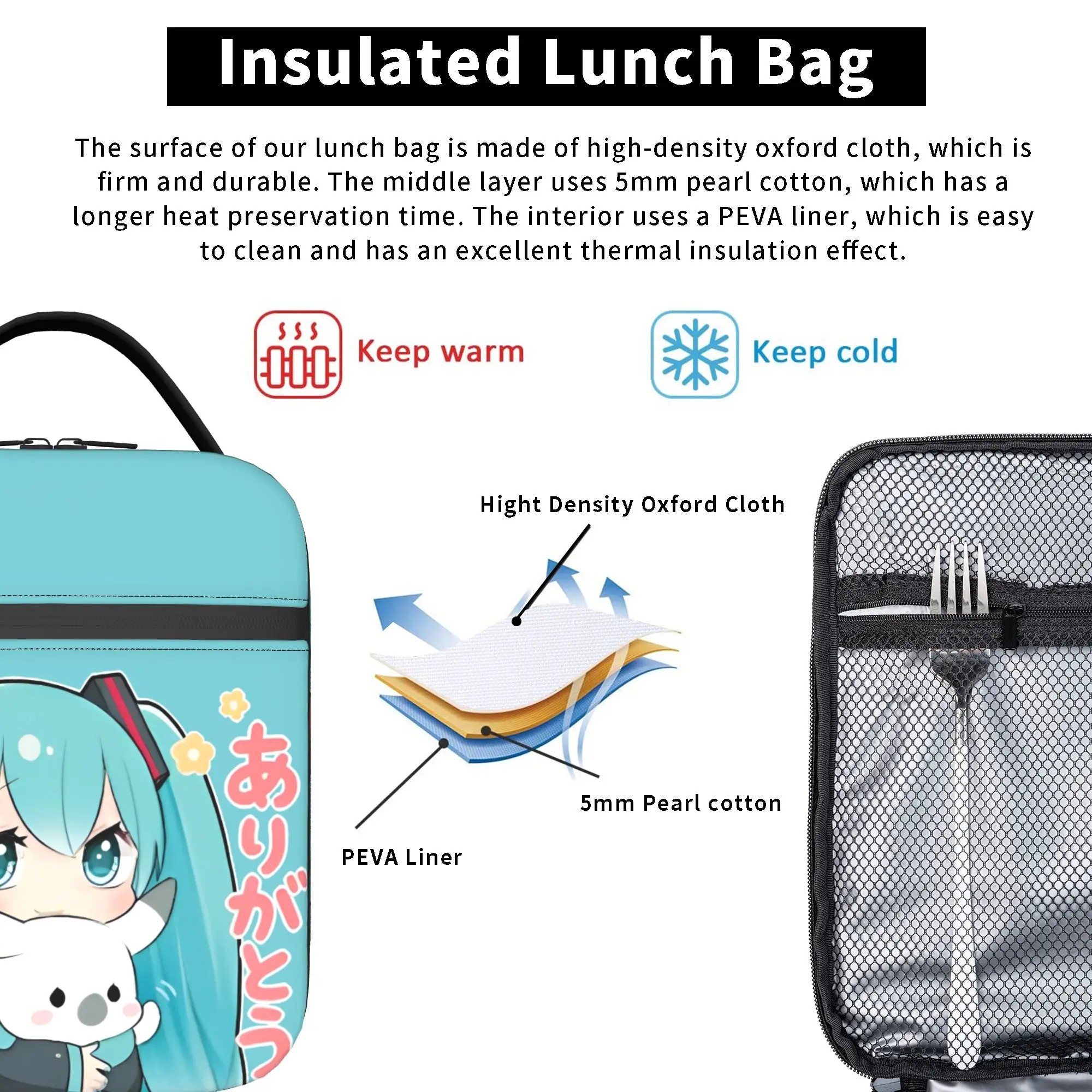 Hatsune Miku Thermal Insulated Lunch Bag for Work Reusable Food Bag Container Men Women Thermal Cooler Lunch Boxes 5