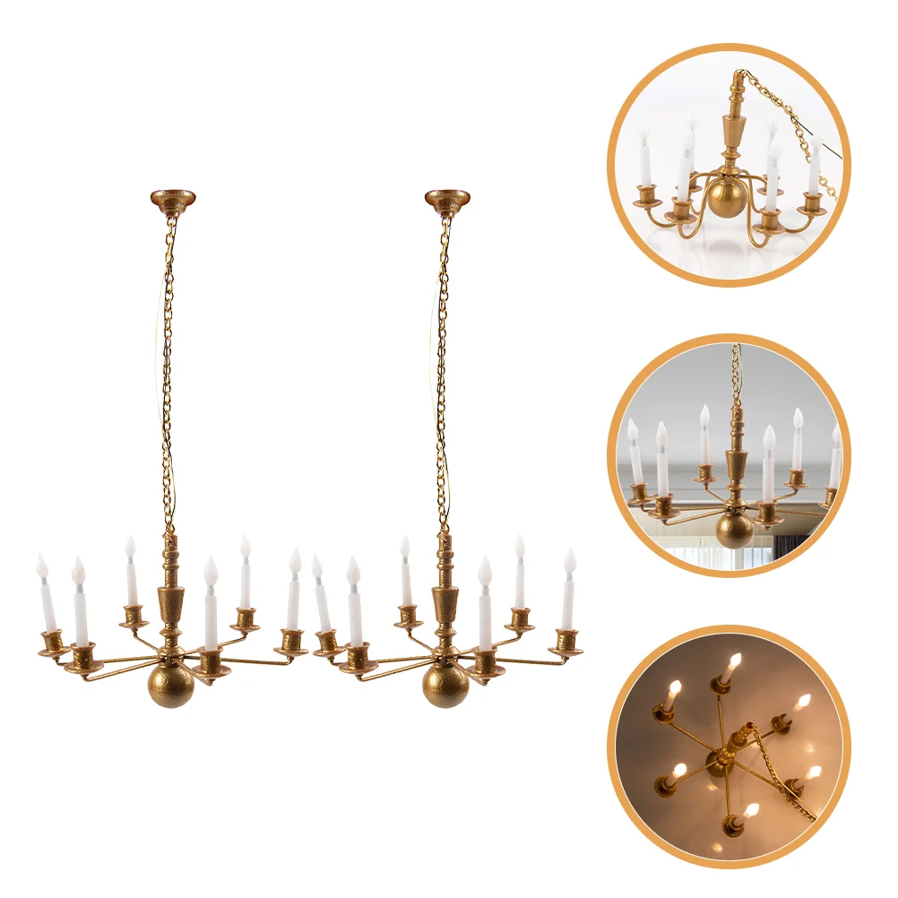 

2 Pcs Model Chandelier Mini Miniature Lamp Branches Sand Table DIY Materials Metal Scene Ceiling Light Accessories Luminous