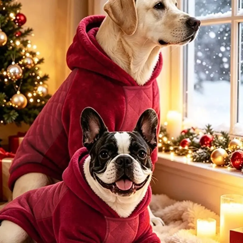 QX2E Quilted Pet Coat for Dog, Hooded Padded Outerwear with Front Sleeves and Open Rear-Leg Layout for Cold Weather Walking