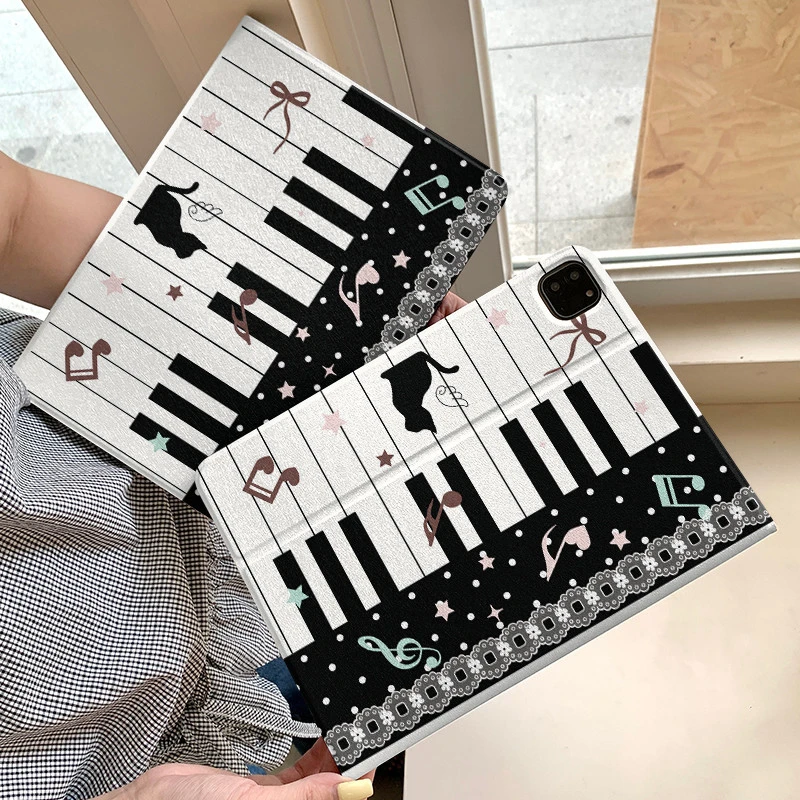 Black Cat Piano Polka Dot Book Style Tablet Case For iPad Pro 11 12.9 13 A16 M2 M4 M3 M5 5/6/7/8/9/10/11th Mini Air 3 4 5 Cover