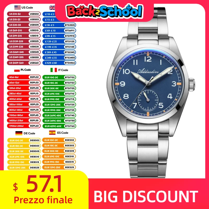 

ADDIESDIVE 2025 New Watch of Men VH60 Movement Bubble Mirror Glass Luminous Waterproof 36mm Men's Watches Waterproof Male Clock