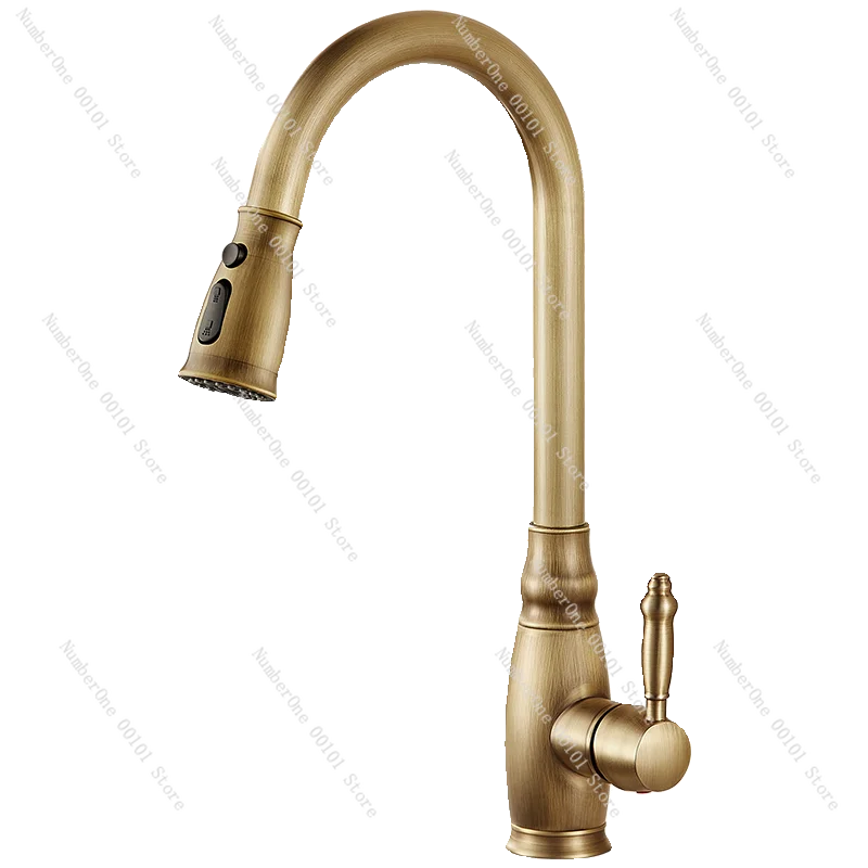 all-copper kitchen faucet pull-out household hot and cold vegetable basin sink telescopic rotation anti-splashing single hole