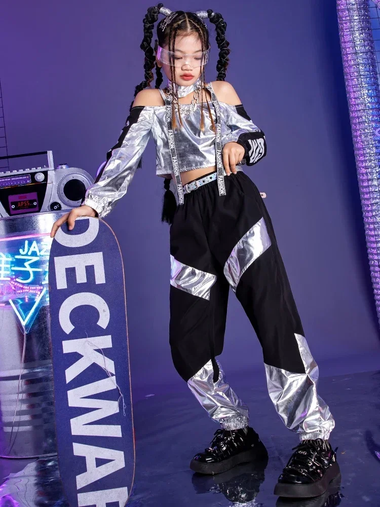 

2023 Silver Hip Hop Street Dance Performance Costume Kpop Clothing Tops Pants Jazz Dancing Outfit Cheerleading Clothes YS5251