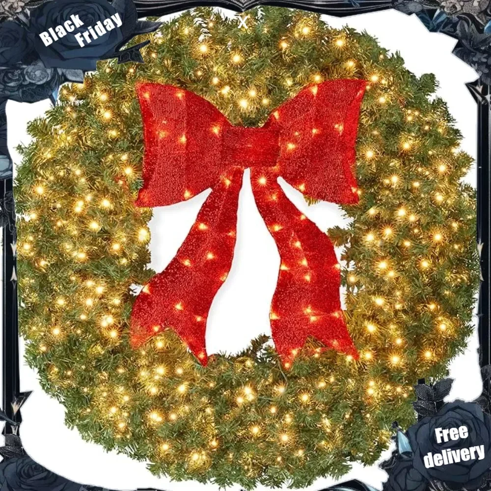 48in Large Artificial Pre-Lit Fir Christmas Wreath Holiday Accent Decoration for Door, Mantel w/Red Lighted Bow, 250 LED Lights