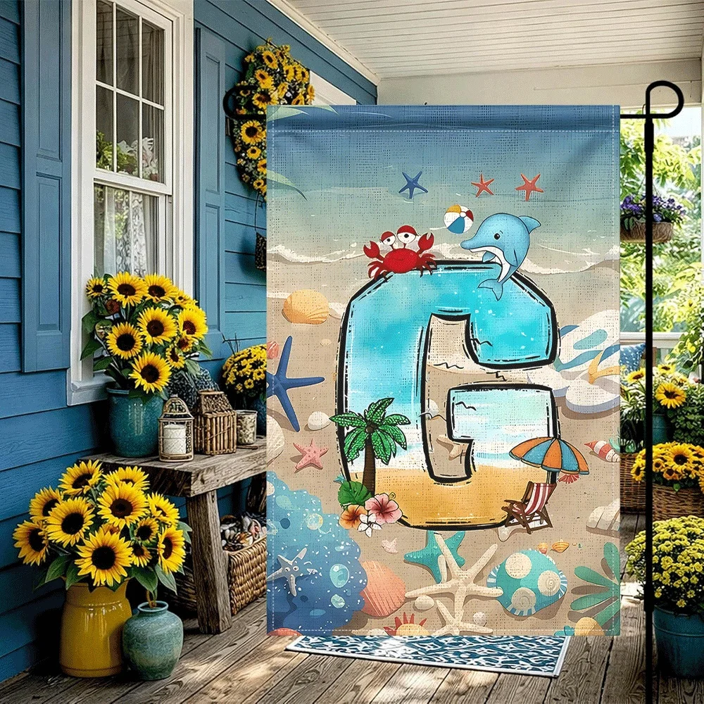 

1PC Summer Beach Theme Letter G Garden Flag Coastal Ocean Dolphin Crab Print Outdoor Yard Flag Tropical Palm T