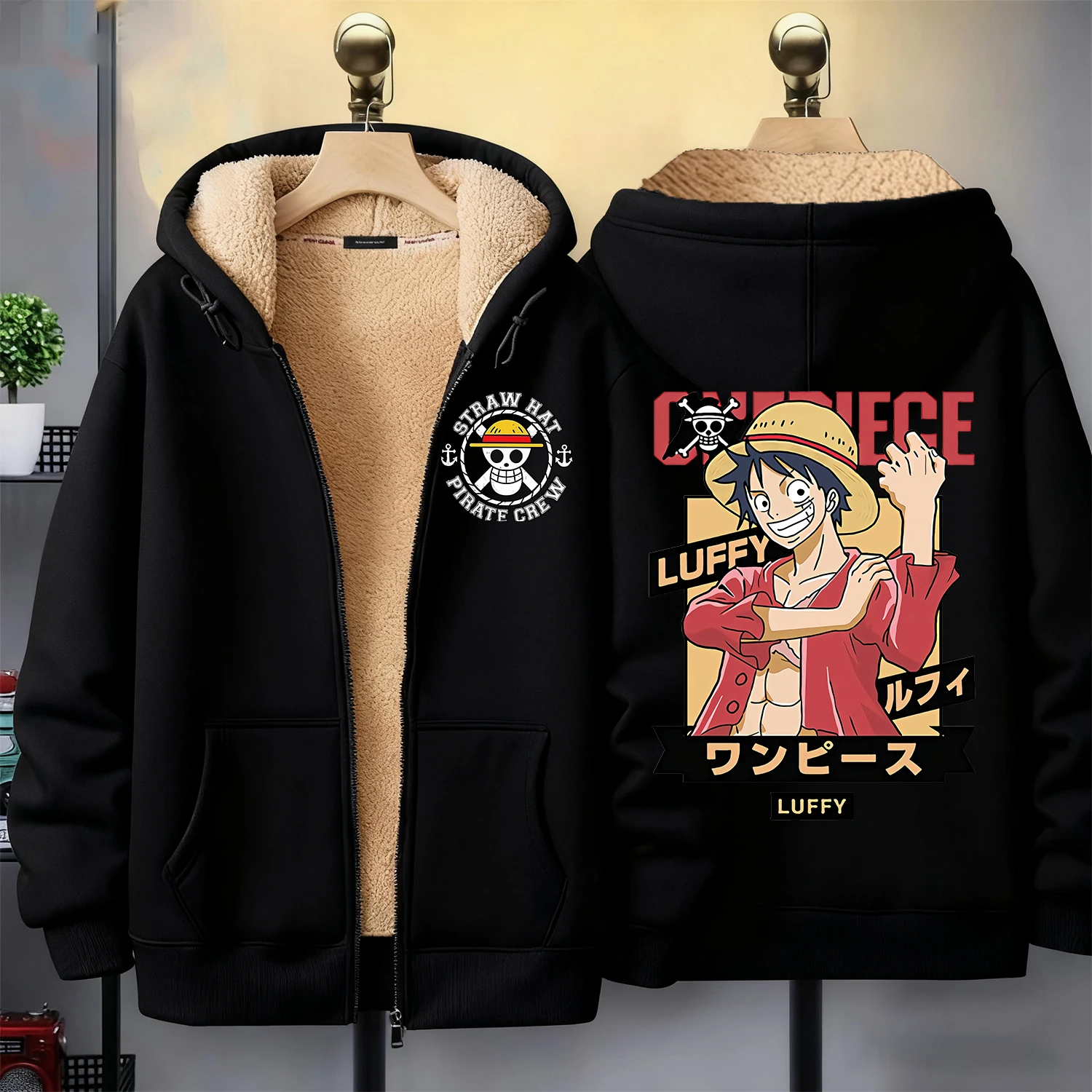 قطعة واحدة الرمز البريدي هوديي للكبار لوفي أنيمي الملابس أزياء رجل امرأة لامب الصوف معطف أزياء الشتاء الدافئة الملابس السوداء هدية #5