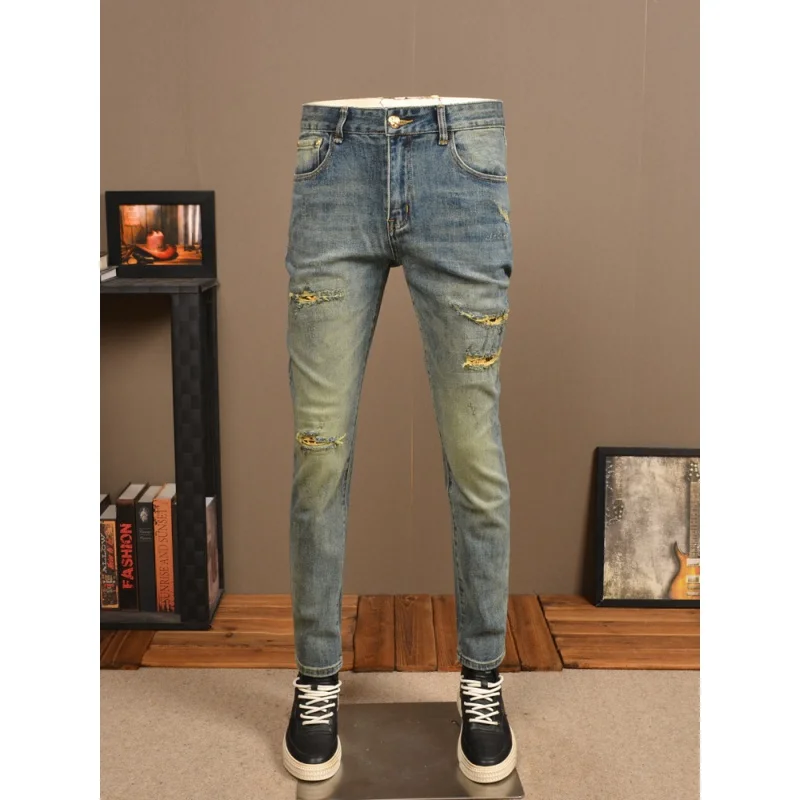 2024 New Retro Make Old Ripped Jeans Men's Street Stretch Slim Fit Skinny High-End Ruffle Handsome Patch Men's Pants