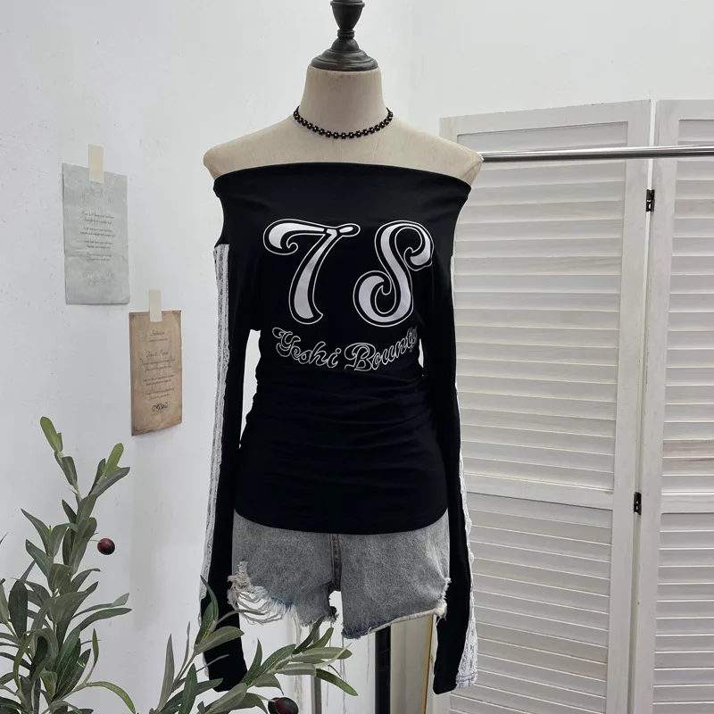 المرأة عارضة الساخن فتاة الرياضة نمط إلكتروني طباعة خياطة الدانتيل بأكمام طويلة أعلى سليم صالح واحد الكتف تي شيرت Streetwear1291