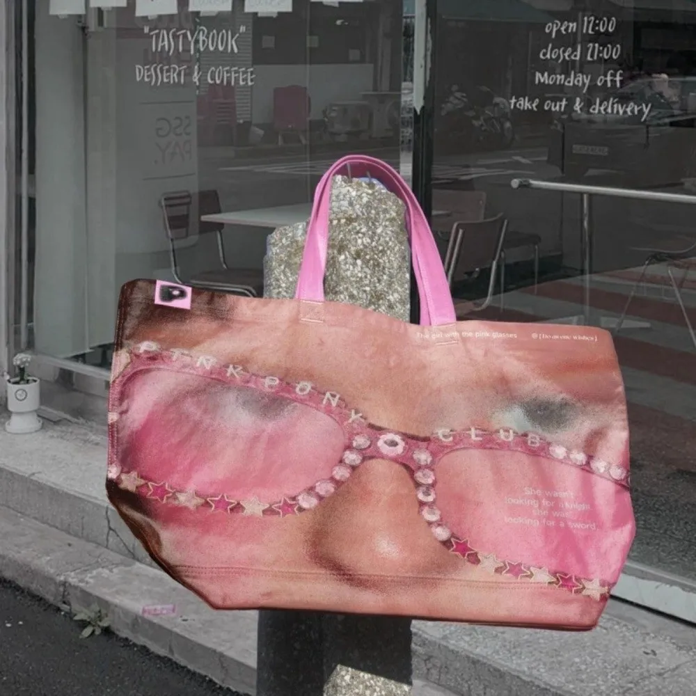 

Rhinestone Glasses DuPont Paper Shopping Bag Creative Large Capacity Streetwear Print Tote Bag Pink Handbag Y2K Shoulder Bag
