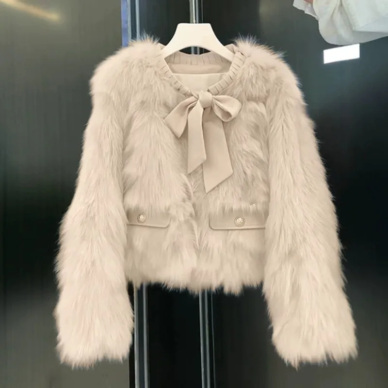 Winter Pink Eco-Friendly Fox Hair Coat Women's Short Styles Fringed Edge Design Retro Round Neck Bowknot Spliced Tops Women Coat