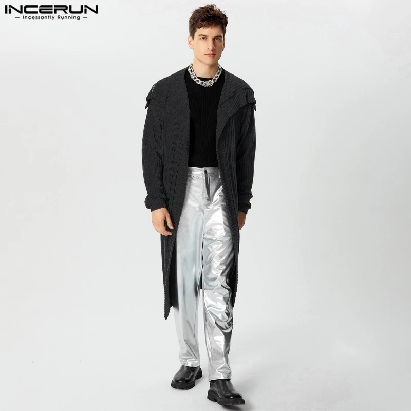 INCERUN 2024 Stylowa Nowa Odzież Męska V-neck Shawl Trench Sexy Male Hot Selling Solid Loose Long Sleeved Cape Coats S-5XL 2024