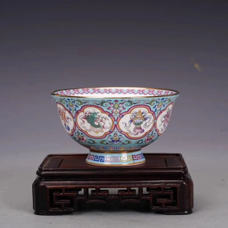 Antique Qing Dynasty enamel - colored ceramic tea cup featuring eight treasures pattern