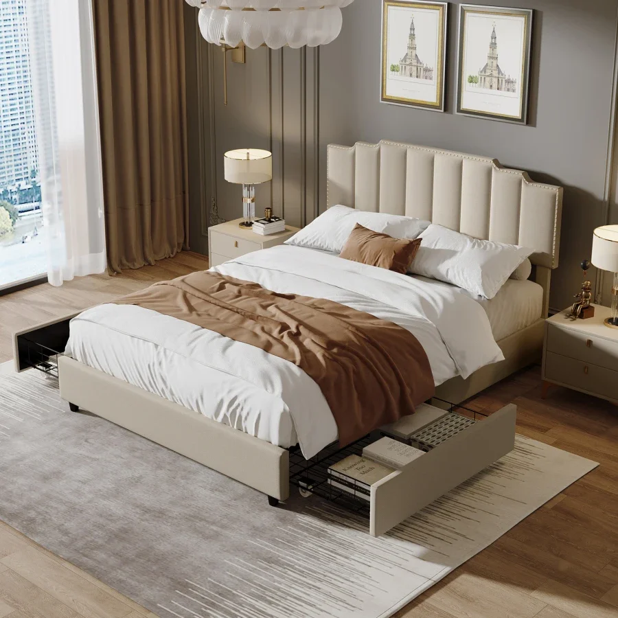 إطار سرير منجد ذو نعل سميك بتصميم مسامير ممتازة بحجم كوين مع لوح رأسي مبطن مخيط، مناسب لغرفة النوم