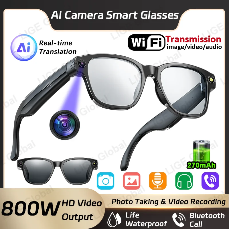 

LIGE New AI Smart Glasses 800W Camera Bluetooth Voice Call Music Smart Sunglasses Video Sound Record Translation Anti-Blue Light