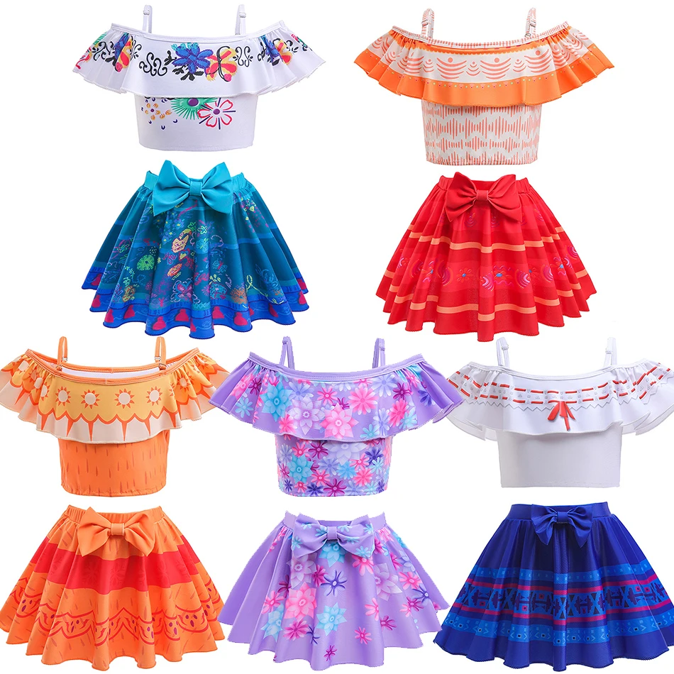 Disfraz de Encanto Mirabel Isabela, Conjunto de 2 Piezas, Top y Falda, Traje de Baño para Niñas, Dolores Luisa Pepa, Bikini, Ropa de Playa Infantil con Estampado