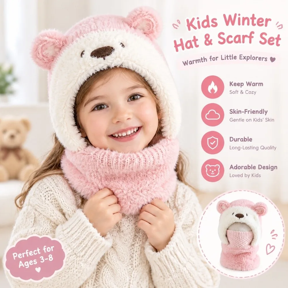 Polyester Kids Bear Hat Scarf Set Ear Protection 46-52CM Integrated Scarf Mask Face Covering Neck Warmer