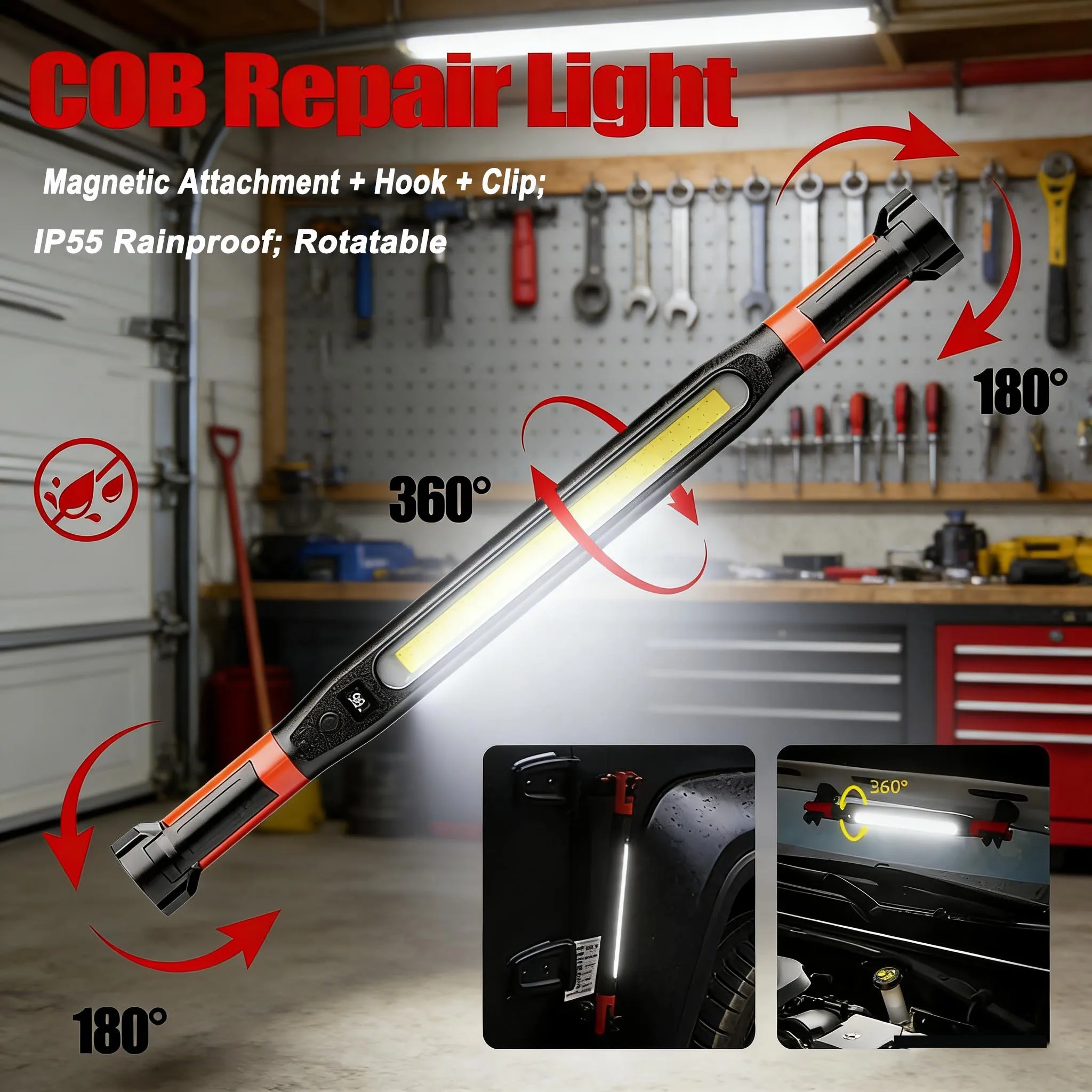 磁気ledワークライト充電式コードレスデザイン緊急修理ライト回転ベースフック付き懐中電灯屋外作業用