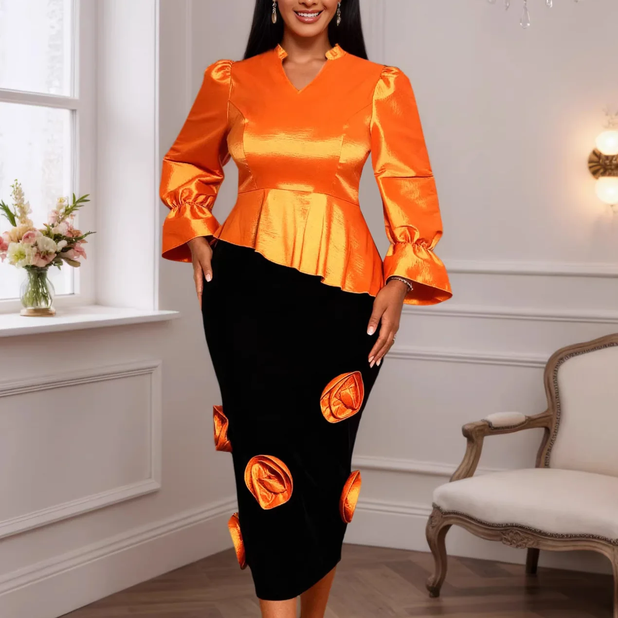 

Two Pieces Women Satin Dress Set 3D Floral Matching Sets Puff Sleeve Top Ankle Lenth Skirt Slim Fit Elegant Casual 2026 Spring