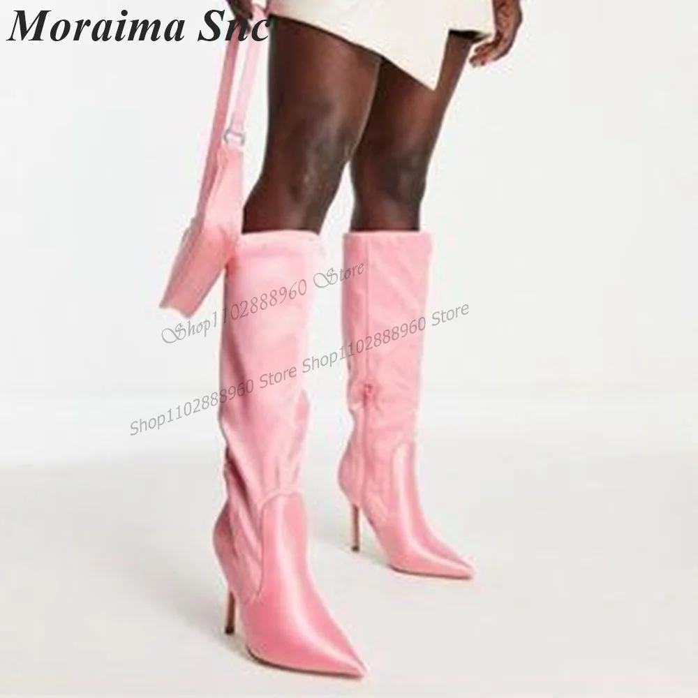 

Knee High Lovely Style Pink Satin Suede Boots Stilettos High Heel Women Shoes Back Zipper Pointed Toe 2023 Zapatos Para Mujere