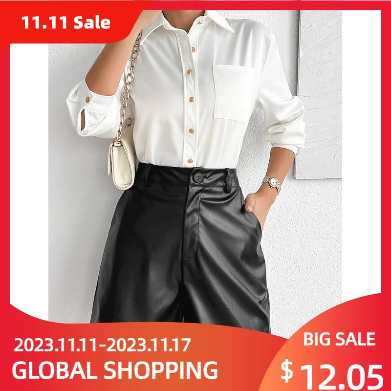 Fashion Style Grace Autumn Winter New Leather Shorts Women\'s Solid High Waist Button Zipper Pocket Loose Casual Wide Leg Pants