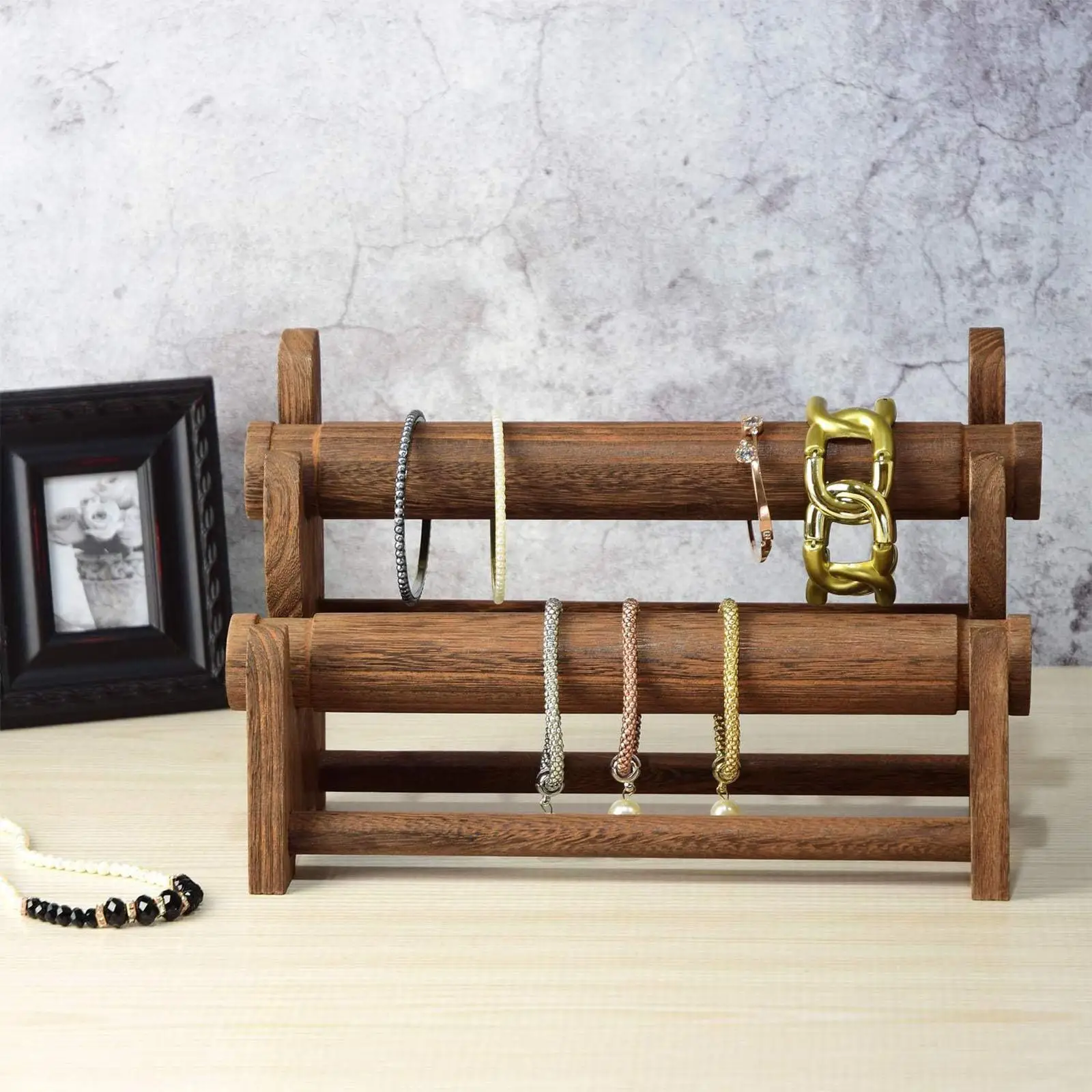 Jewelry Display Stand Bracelet Holder 2 Tier Wooden Organizer for Necklace Watch Bangle Storage Rack Decor