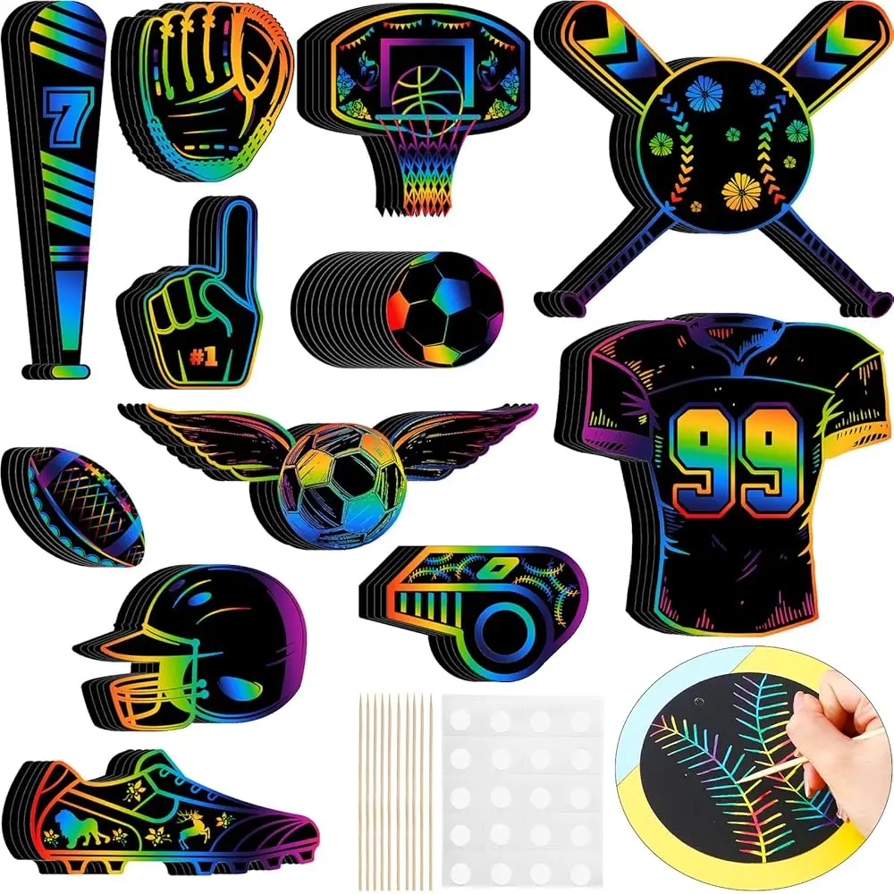 

Набор для творчества: 70 шт. спортивных скретч-карточек с деревянным стилусом и лентами, радужные скретч-блоки с изображением спортивных мячей для взрослых