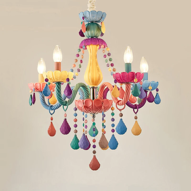 Children\'s Princess Room Macaron Chandelier Color Baby Room Candle Pendant Lamp European LED Home Atmosphere Lighting Decoration