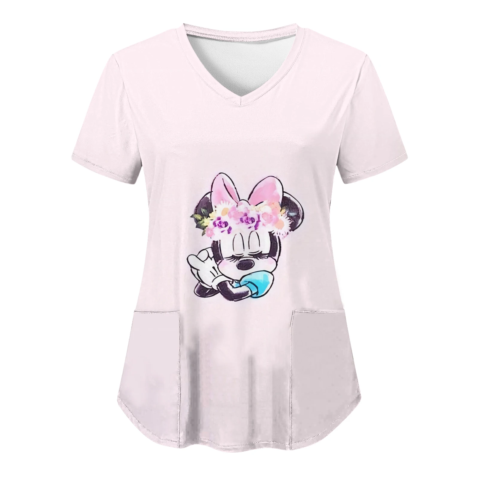 Frau Kleidung Disney T-Shirt Krankenhaus Mickey Shirts Tasche Top Frauen 2024 V Hals Tops Krankens ch wester Uniform T-Shirts Minnie Maus T-Shirts