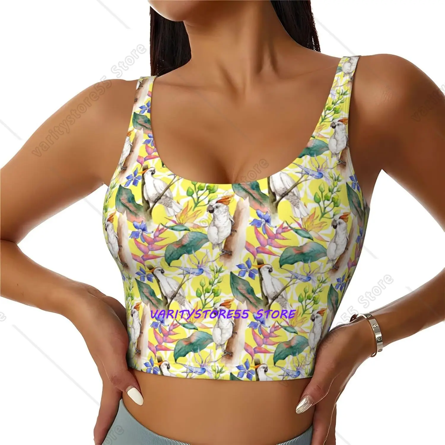 Yellow Tropical Cockatoo Parrot  Jungle Flower Women's Sports Bra Yoga Crop Gym Tank Tops U Back Exercise Workout Top Removable