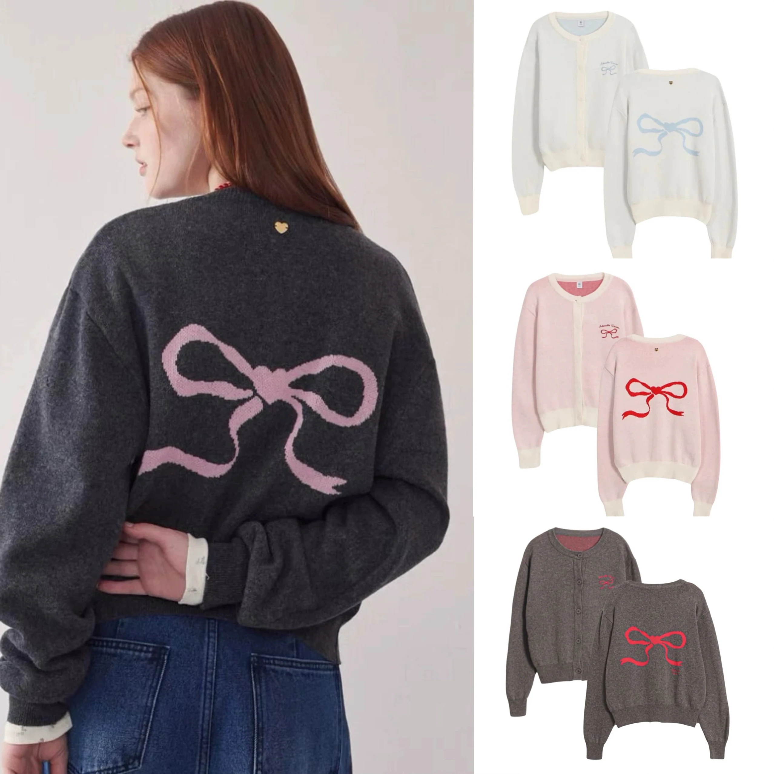 Suéter Cárdigan Corto de Punto con Lazo de Mariposa, Bordado Floral, Corte Hoado, Manga Larga, Cuello Redondo, sor Regular