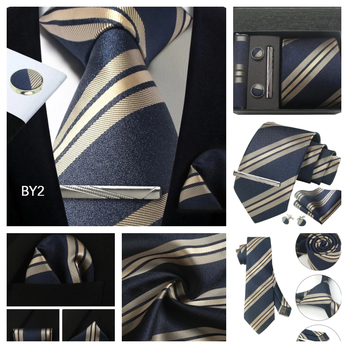 Klassische Herrenkrawatten aus 100 % Seide in Geschenkbox, 8 cm, kariert, gepunktet, gestreift, Business-Krawatte, Einstecktuch, Manschettenknöpfe, Hochzeitskrawatten-Set – Detail 38